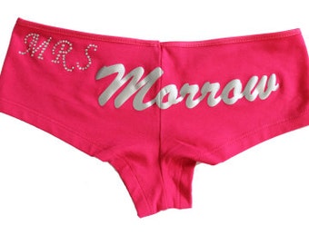 Personalised underwear for the new Mrs - Bridal Party Ladies boyleg underwear with personalised names.