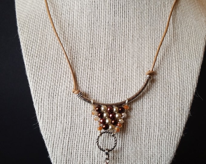 Brown leather necklace, leather jewelry wire wrapping pendant long brown leather necklace brown pearl leather necklace
