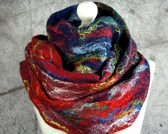 Felted Scarf Shawl, Cobweb, merino wool, red, navy blue, orange, green, teal-Feltmondo