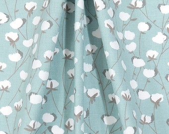 Farmhouse Fresh Blue & White Cotton Bolls Fabric by the Yard Designer Cotton Drapery Curtain Fabric or Upholstery Fabric Light Blue C333