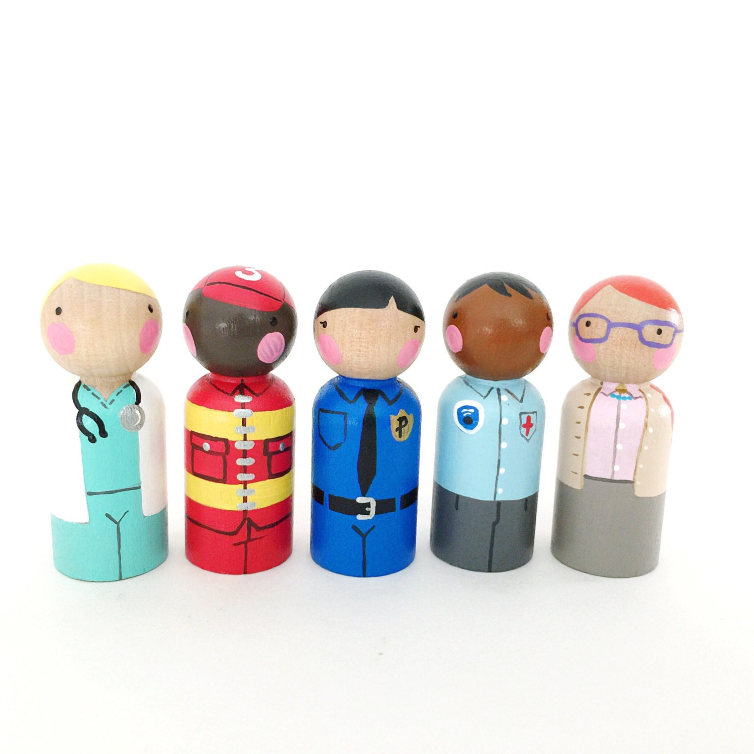 Set of 5 community helper career peg dolls with felt sleeping