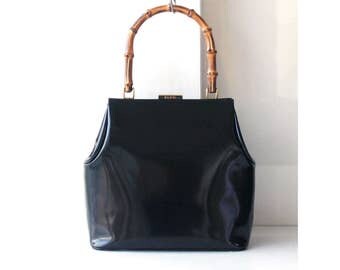 Gucci Bamboo Black Patent Leather Tote handbag Rare Vintage authentic bag