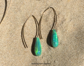 Emerald Green Opal Earrings on 9ct Yellow Gold Sweeping Hooks