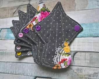 6 pack Tiny thong Reusable Menstrual Pad, Washable, Sanitary Pads, Shabby polka,PUL backed cloth pad, Rectangular Core