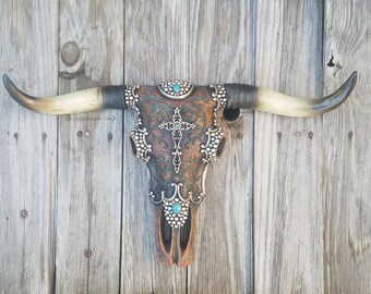 Cow skull longhorn decorated skull gypsy faux by TheMetalBarn