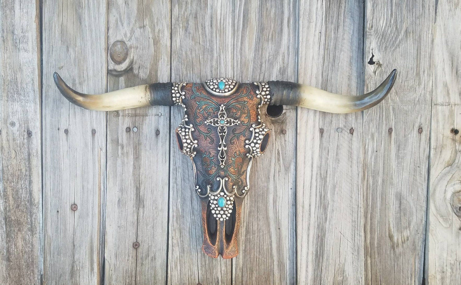 Skull longhorn decorated skull boho decor taxidermy skull