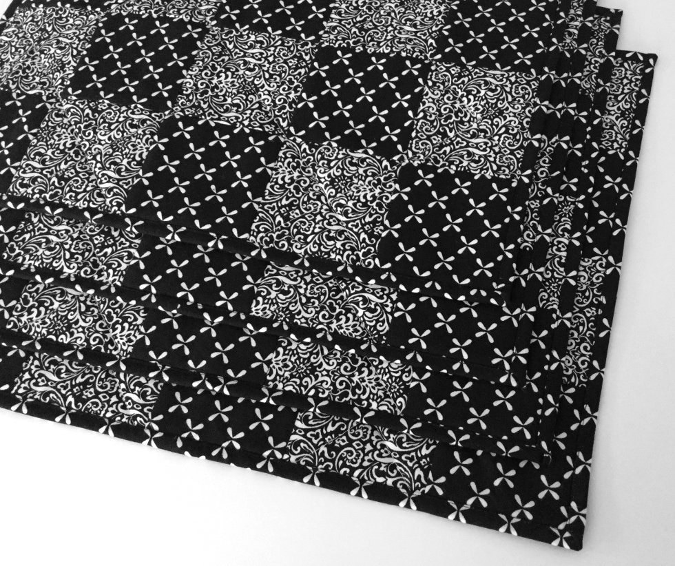 Black and White Quilted Placemats Set of 4 Handmade Patchwork