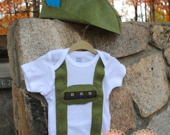 Strap Style Lederhosen onesie with matching alpine hat