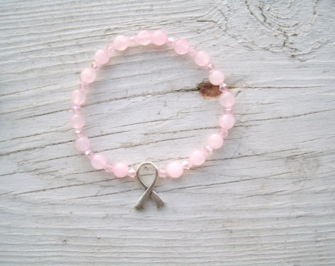 Cancer Ribbon bracelet - pink glass pearls & crystal beads, silver ribbon, cancer awareness, stretch bracelet, gift for her, custom size