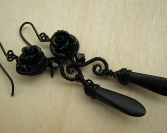Gothic jewelry, gothic earring, mourning jewelry, vampire earring, gothic gift, black wire jewelry, black earring - BLACK ROSE