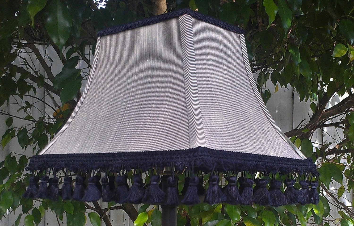 Black Lampshade, Off White, Pinstripes, Rectangle, Bell Frame, Black Fringe Trim, Braid, Black