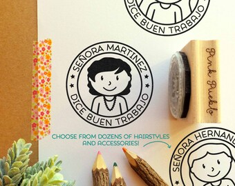 Spanish Teacher Stamp, Personalized Teacher Rubber Stamp, Spanish Teacher Gift - Choose Hairstyle and Accessories