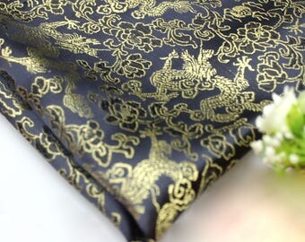 Golden Dragon Black Brocade. Oriental Fabric.
