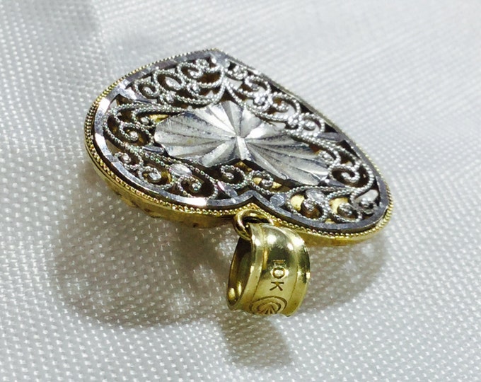 Storewide 25% Off SALE Vintage 10k Gold Filigree Heart Designer Necklace Pendant Featuring Unique Double Sided Design