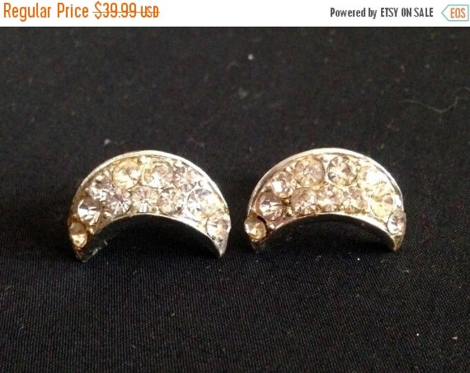 Storewide 25% Off SALE Vintage Iridescent Rhinestone Encrusted Crescent Earrings Featuring Dome Shape Design and Screw Back Posts