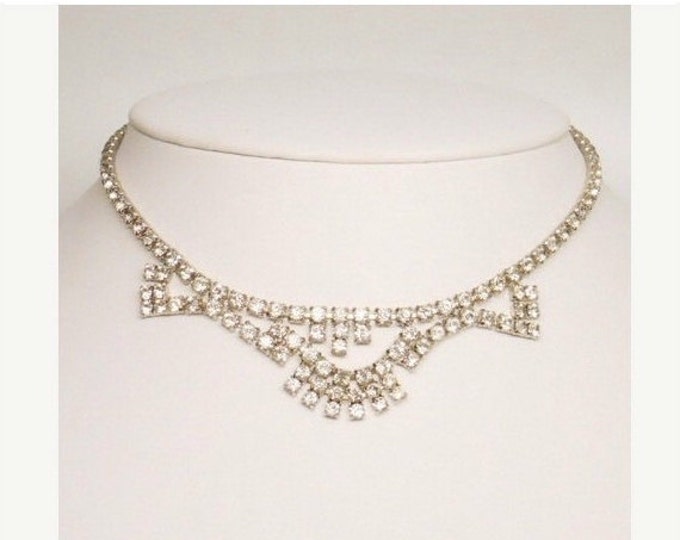 Storewide 25% Off SALE Vintage Silver Tone Rhinestone Royal Jewel Designer Bib Necklace Featuring Elegant Draping Design Finish