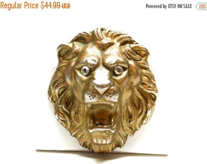Storewide 25% Off SALE Vintage Gold Tone African Lions Head Designer Brooch Pin Featuring Elegant Detail And Bright Finish Design