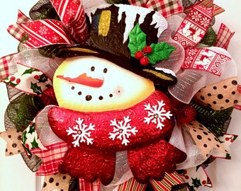 Limited quantities!! Winter wreath, Snowman wreath, Christmas wreath, primitive winter wreath, decomesh winter wreath, holiday wreath