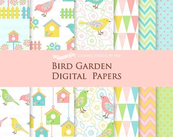 Bird / Bird Garden / Bird House / Flower / Garden Fence Digital Paper Pack - Instant Download - DP101