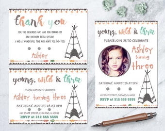 Young Wild & Three Invitation, Tribal Birthday Invitation, Watercolor, Third Birthday Invitation, Boho, Indian Pow Wow, PRINTABLE