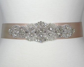 Wedding Belt, Champagne Bridal Belt, Bridal Sash, Bridesmaid Belt, Flower Girl Dress Sash, Pearl and Crystal Rhinestone Wedding Sash, ALEXA
