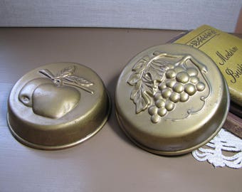 Set of Two (2) Decorative Brass Plated Copper Molds - Apples and Grapes
