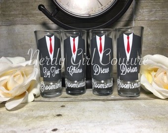 Personalized Shot Glasses with Tuxes, Groom and Groomsmen Wedding Glasses (1)