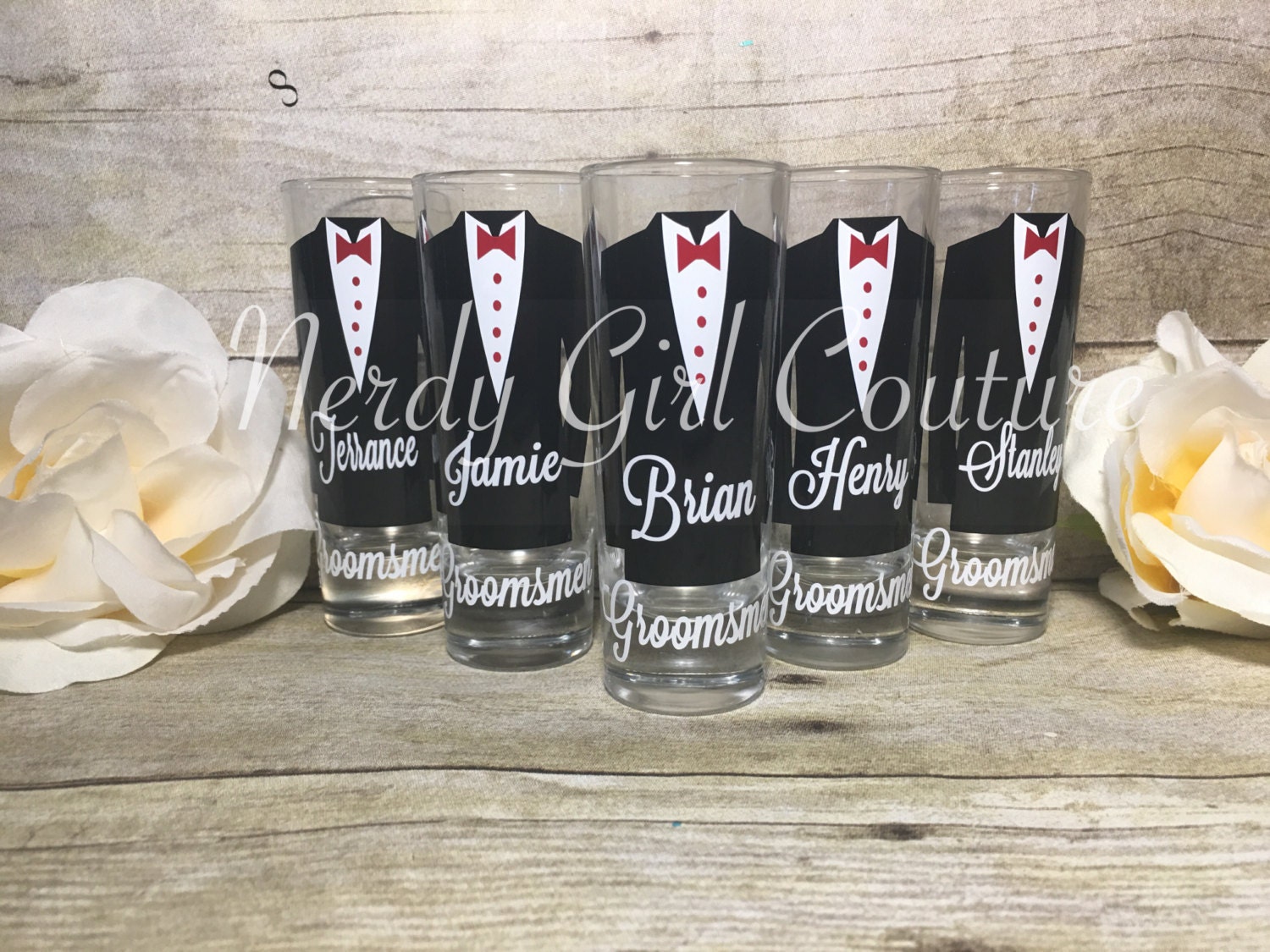 Personalized Shot Glasses with Tuxes Groom and Groomsmen