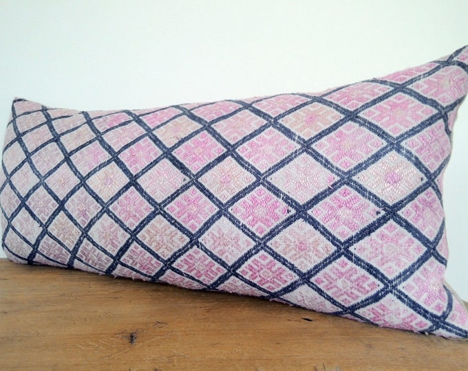 11" x 24" Vintage Chinese Wedding Blanket Long Lumbar Pillow Cover / Boho Embroidered Pale Pink Indigo Dowry Textile / Handwoven Silk Pillow