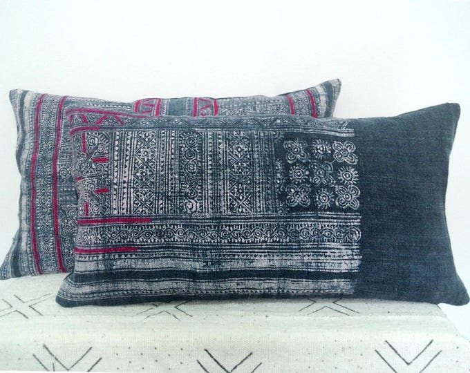 12"x 20" Vintage Hemp Blue Indigo Batik with Red Pink Stripes / Hmong Hemp Pillow Cover / Exotic Textile / Ethnic Costume Pillow Case