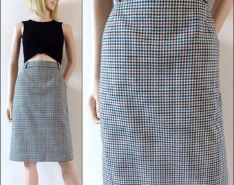 Vintage womens green plaid skirt green check pencil skirt wool skirt size 31 inch waist