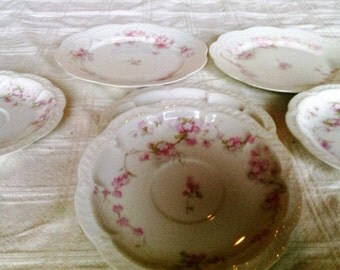 Antique Vintage Theodore Haviland Limoges France Dessert Plates and Saucers With Pink Flowers