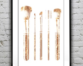 Make up Brushes Gold Foil Print Art Typography , Metallic foil art card backed foiled not printed rose, gold, silver,pink,blue, sparkle