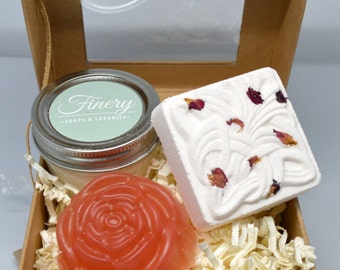Vegan Rose Bath Gift Set **Rose Water Soap, Rose Bath Bomb, Rose Soy Wax Mini Mason Jar Candle**