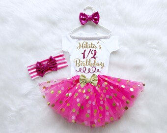 Half Birthday Outfit. Baby Girl's Half Birthday Outfit with name. Monogram half birthday outfit. Pink and Gold Half Birthday.