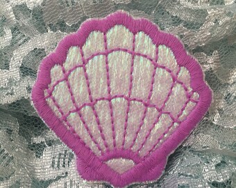 Pastel Mermaid Shell Iron-On Embroidered Blue Pink Patch Badge ~ Sea Seashell Pastel Kawaii Femme Magical Girl Sassy DIY Punk Goth
