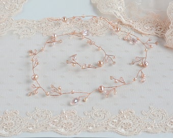 Long bridal hair vine Rose gold accessory Wedding rose gold Bridesmaids gift Bridal crystal vine Pearl headpiece Wedding headband Long vine