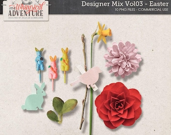 Commercial Use OK, Easter Mix, Digital Scrapbooking Embellishments, Digital Download, Clothespin, Vintage Cupcake Picks, Bunny, Flower, Leaf
