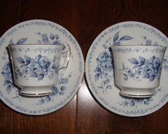 2 Sets of Royal Chelsea "Blue Chelsea" - English Bone China - Vintage Demitasse Tea Cups and Saucers - Blue Flowers and Scrolls