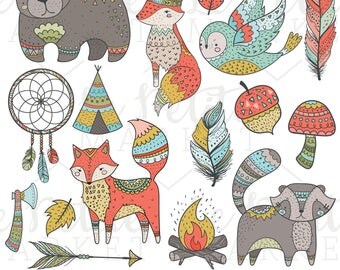 Tribal Woodland Clip Art, Tribal Animals, Woodland Clipart, Tribal Forest Animals Fox Owl Bear Teepee Feather Arrow