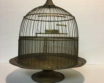 Hendryx Birdcage, 1920's Antique Brass Domed Birdcage on Pedestal or Hanging