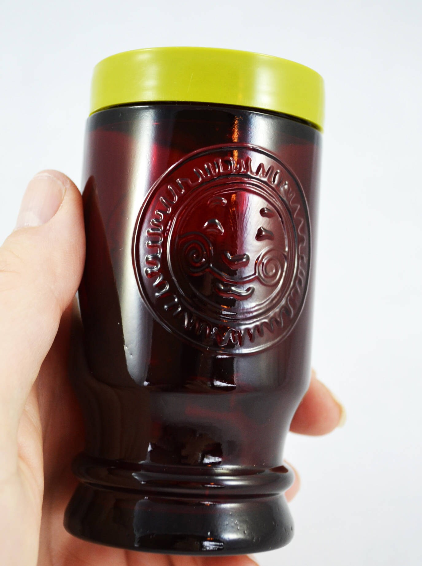 Vintage Wheaton NJ Ruby Red Glass Jar With A Smiling Sun