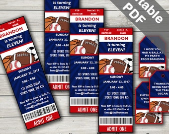 All Star Sports Party Invitations And Free Sports Favor Tags. Editable PDF. Printable. Instant Download.