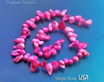Hot Pink Freshwater Baroque Pearl Beads Strand 15" (48pc), Irregular Pink Dyed Pearl Teardrop Beads, Dark Pink Pearls, Grade D Pearl Beads