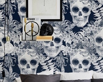 Hibiscus and Skull Wallpaper, Removable Wallpaper, Fern Wallpaper, Wall Sticker, Fern Wall Decal, Skull Adhesive Wallpaper, 090
