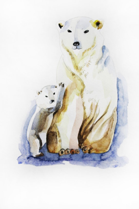 Original Watercolor polar bear bears family art bear