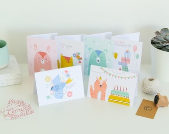 Lot de 6 cartes de voeux illustrées - Animaux mignons