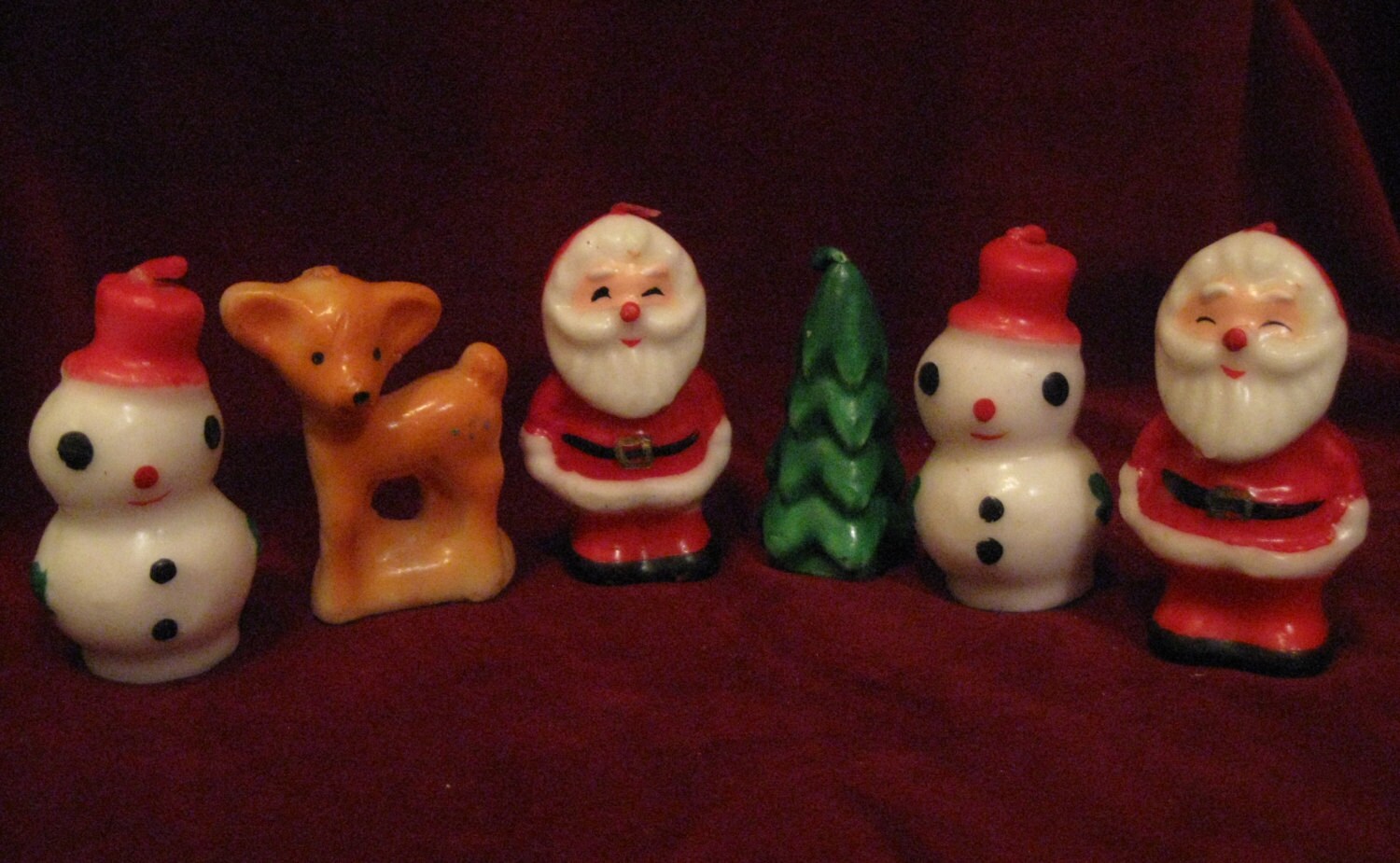 Set/6 CHRISTMAS WAX Novelty CANDLE Figurine Vintage 1960s