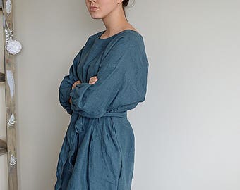 Pure linen dress - Ocean wave Linen dress - Dress with a belt - Comfortable casual tunic / dress - Loose dress with pockets