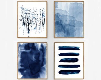 Abstract Watercolor Set Indigo Blue Wall art Large Navy Prints Minimalist art Minimal Contemporary Modern art Paint Splatter Stripes Beach